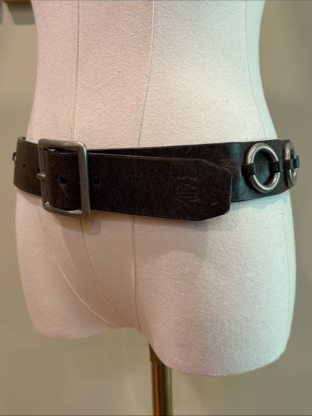 Vintage Ralph Lauren Polo Jeans Co. Distressed Black Leather Metal O-Ring Belt L